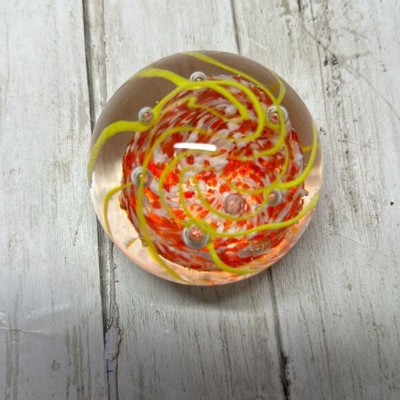 Art Glass Dome Paperweight Yellow Swirl Red White Controlled Bubbles - Picture 5 of 6